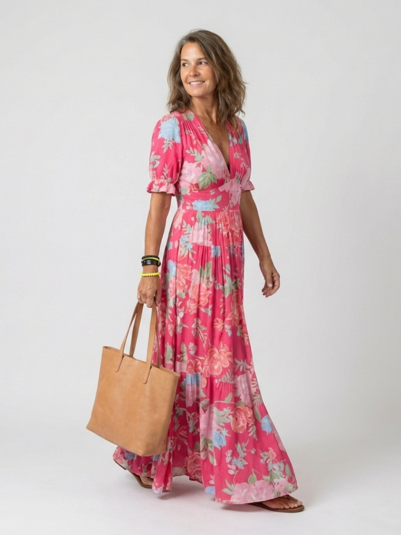 Ione Short Sleeve V Neck Floral Midi Dress