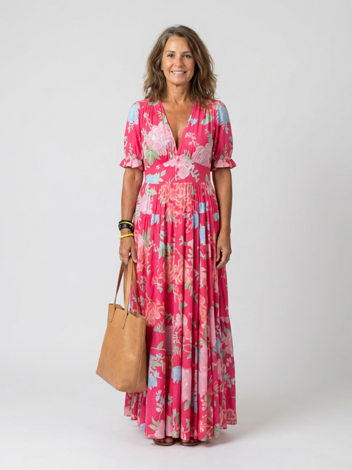 Ione Short Sleeve V Neck Floral Midi Dress