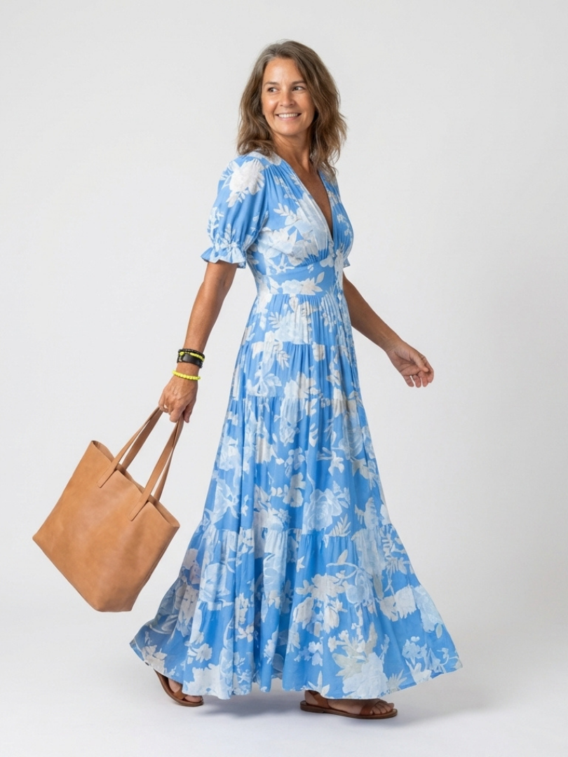Ione Short Sleeve V Neck Floral Midi Dress