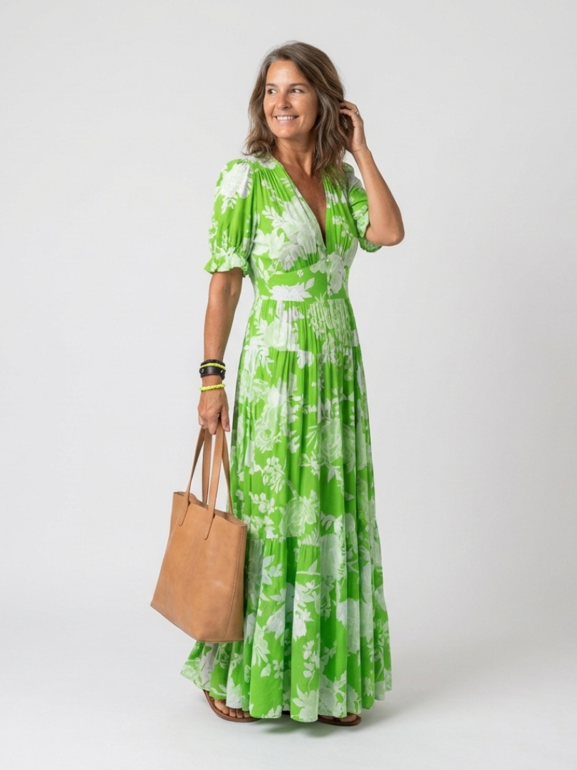 Ione Short Sleeve V Neck Floral Midi Dress