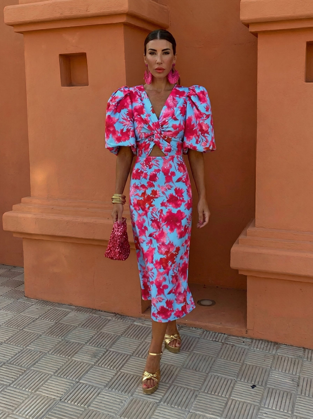 Carla Printed Midi Dress with Puff Sleeves