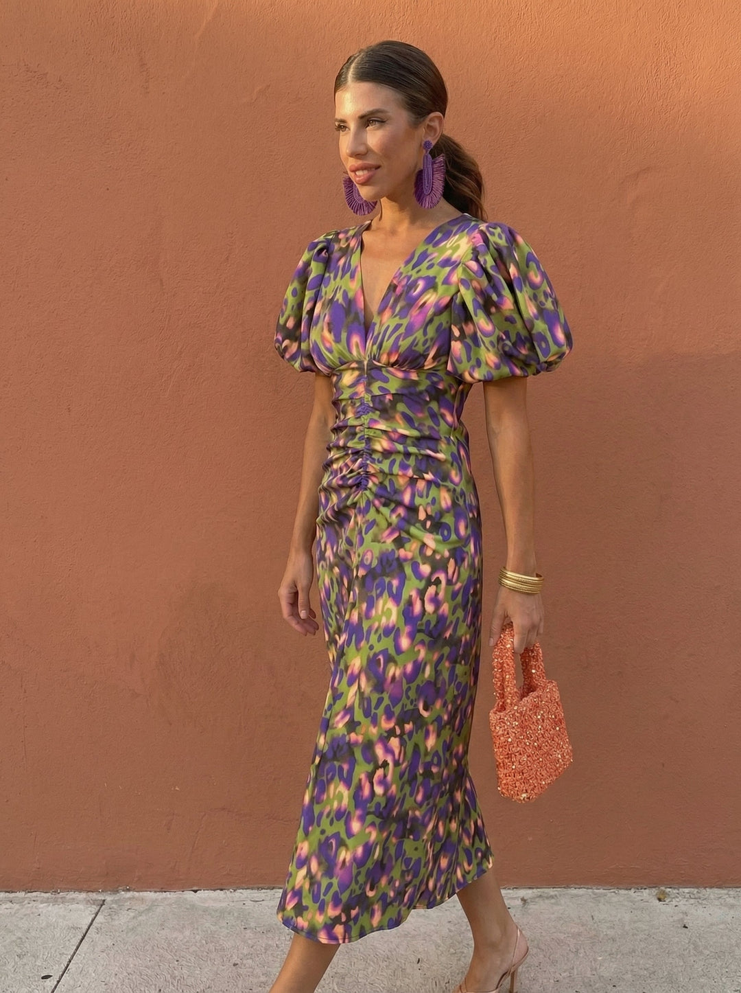 Carla Printed Midi Dress with Puff Sleeves