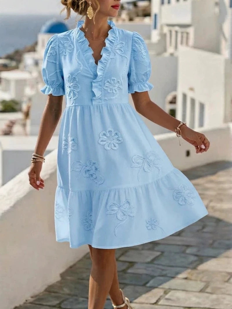Blossom Embroidered Ruffle V-Neck Puff Sleeve Dress