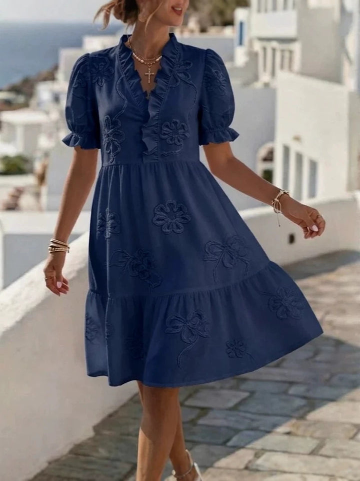 Blossom Embroidered Ruffle V-Neck Puff Sleeve Dress