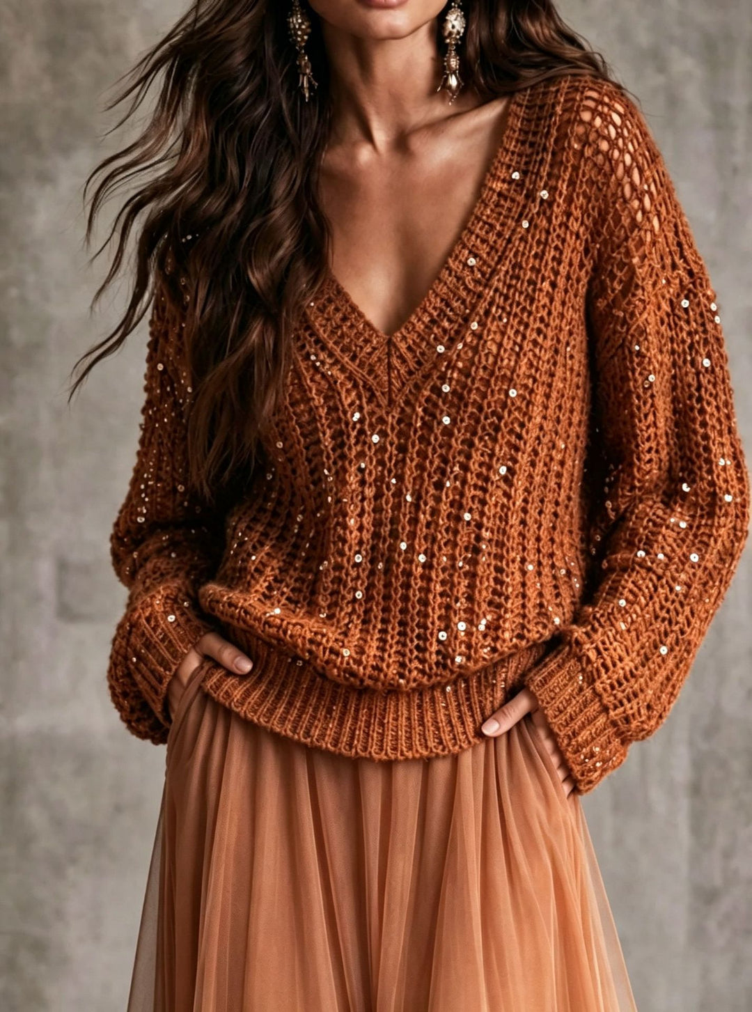 Seraphina Sequin Open-Knit V-Neck Sweater