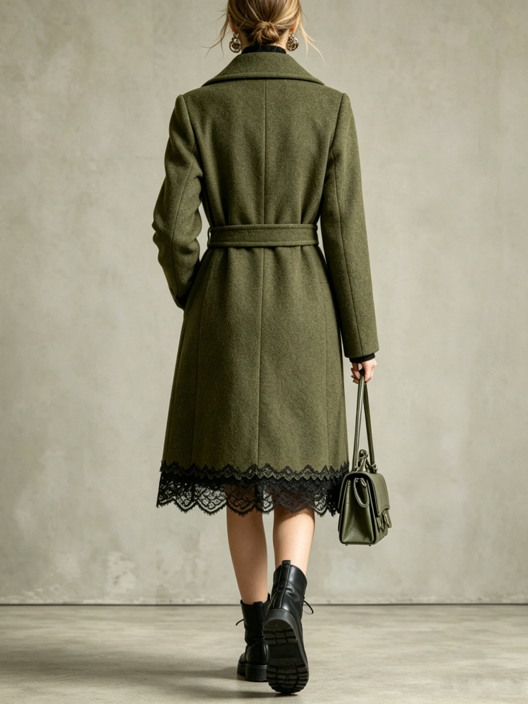 Rosalind Belted Wool-Blend Coat with Lace Trim