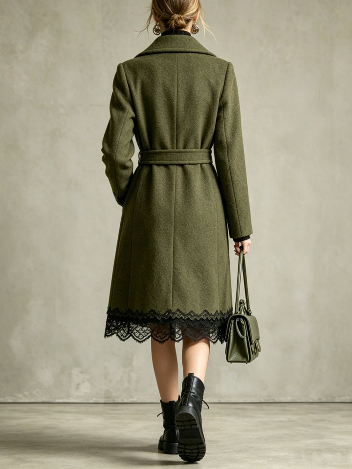 Rosalind Belted Wool-Blend Coat with Lace Trim