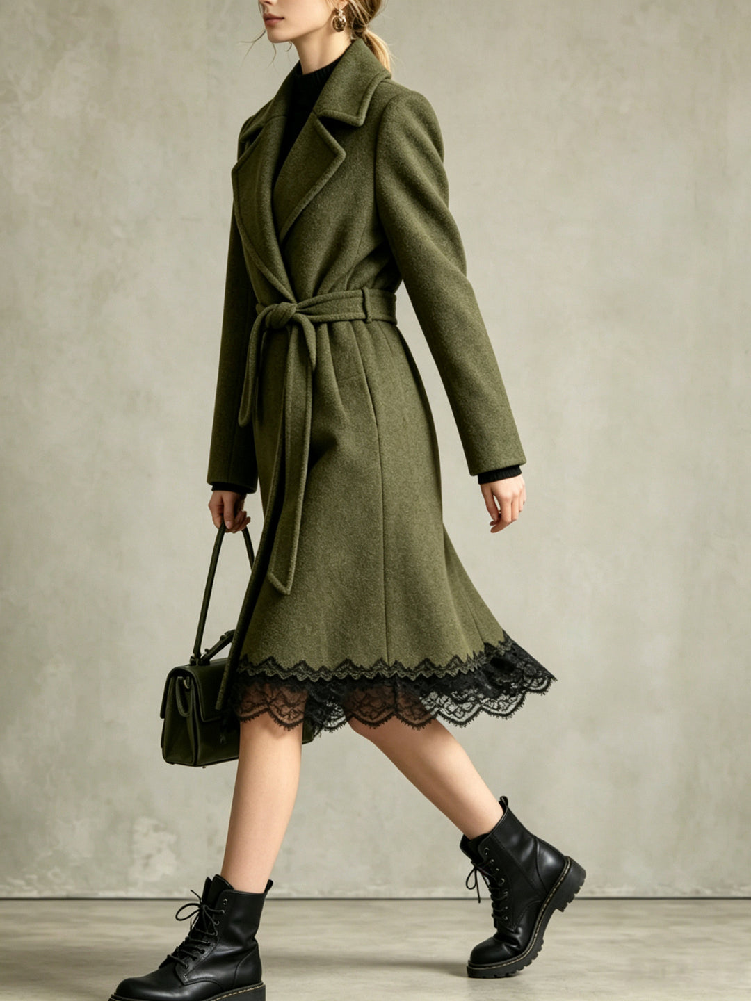 Rosalind Belted Wool-Blend Coat with Lace Trim
