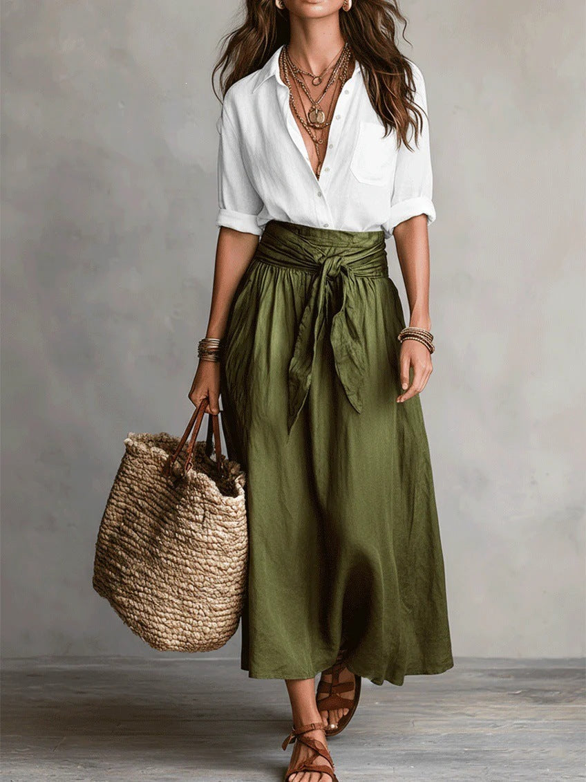Vera – Black Top & Olive Green Midi Skirt Two-Piece Set