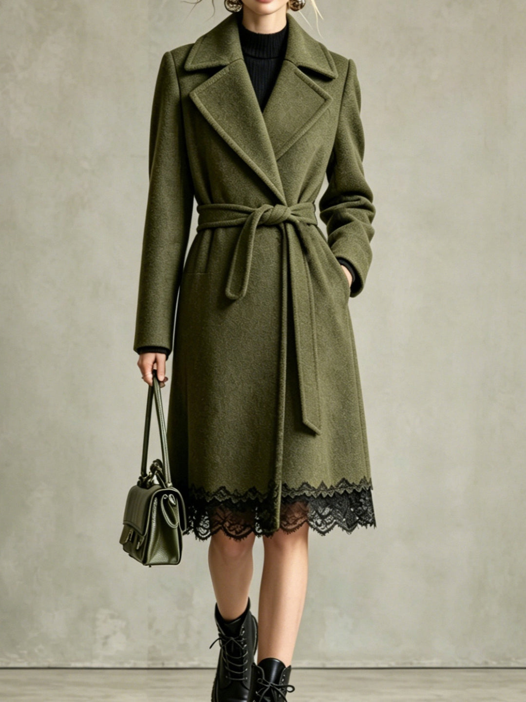 Rosalind Belted Wool-Blend Coat with Lace Trim