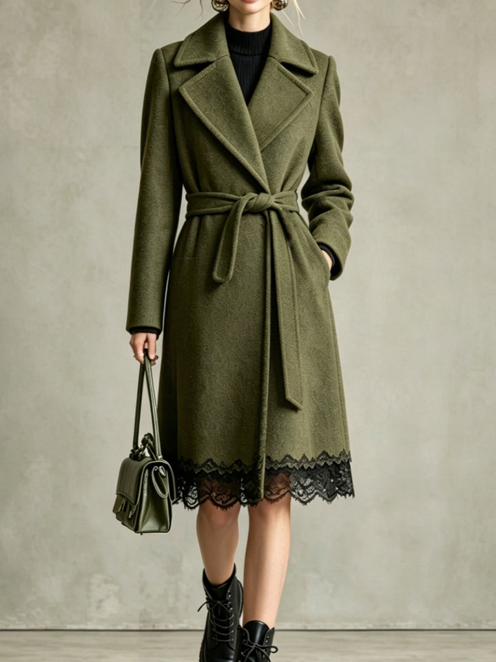 Rosalind Belted Wool-Blend Coat with Lace Trim