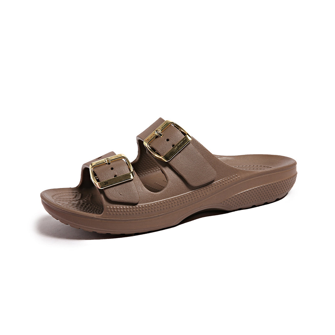 Metal Buckle Slide Sandals - Brown