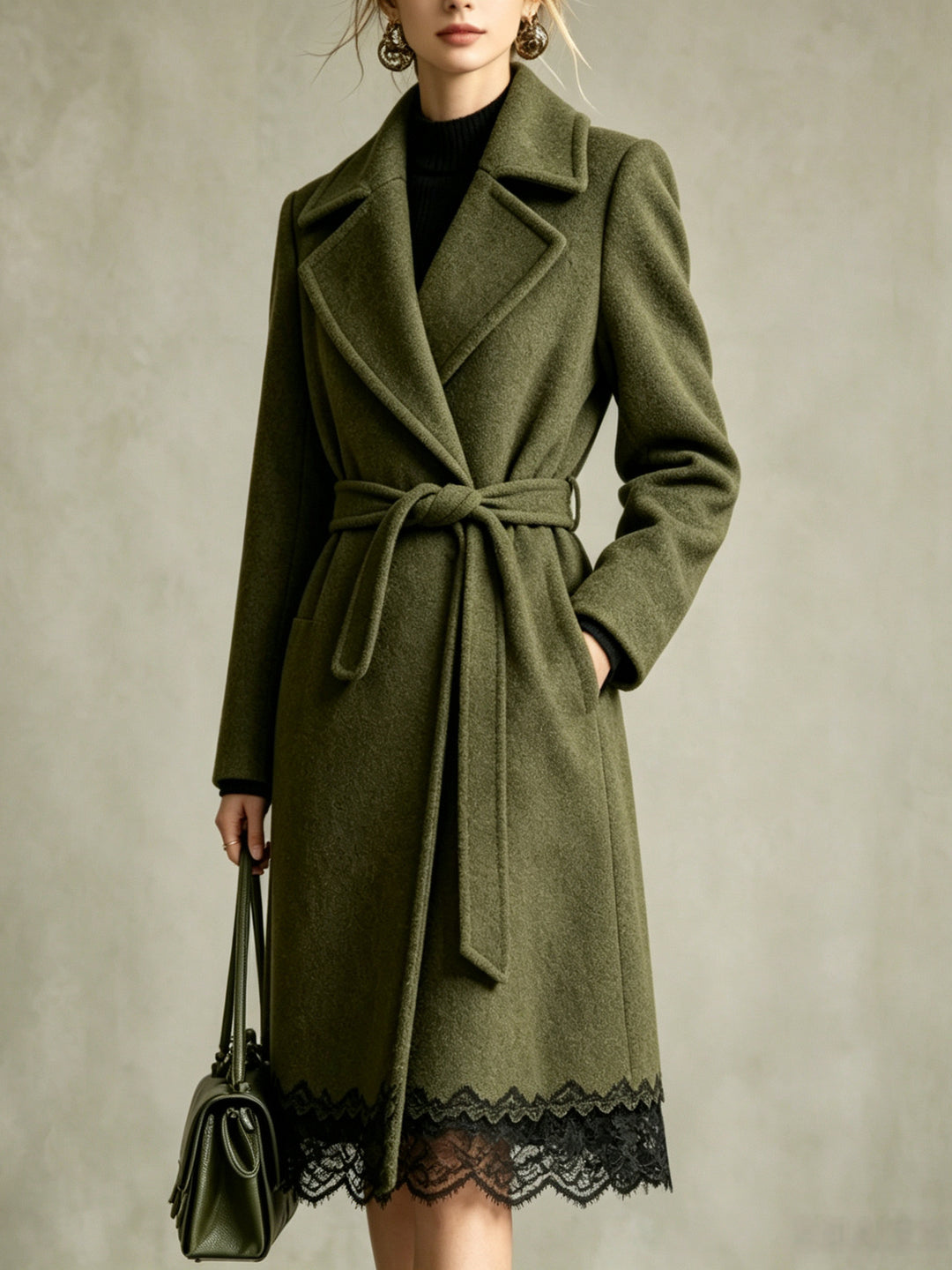 Rosalind Belted Wool-Blend Coat with Lace Trim