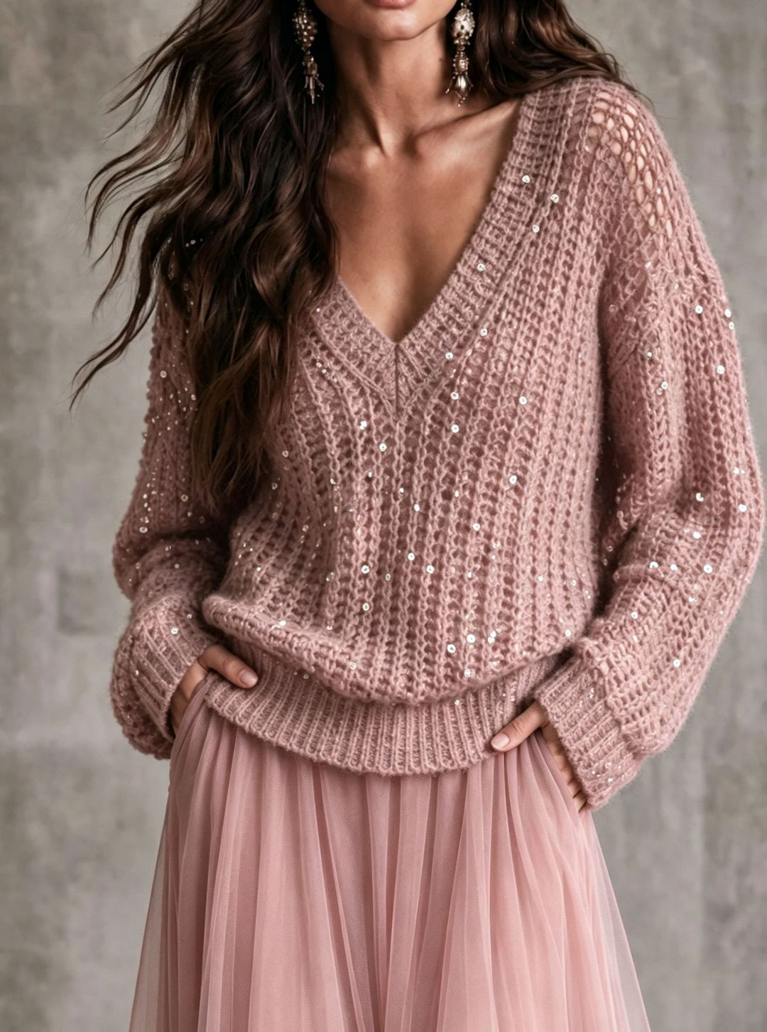 Seraphina Sequin Open-Knit V-Neck Sweater