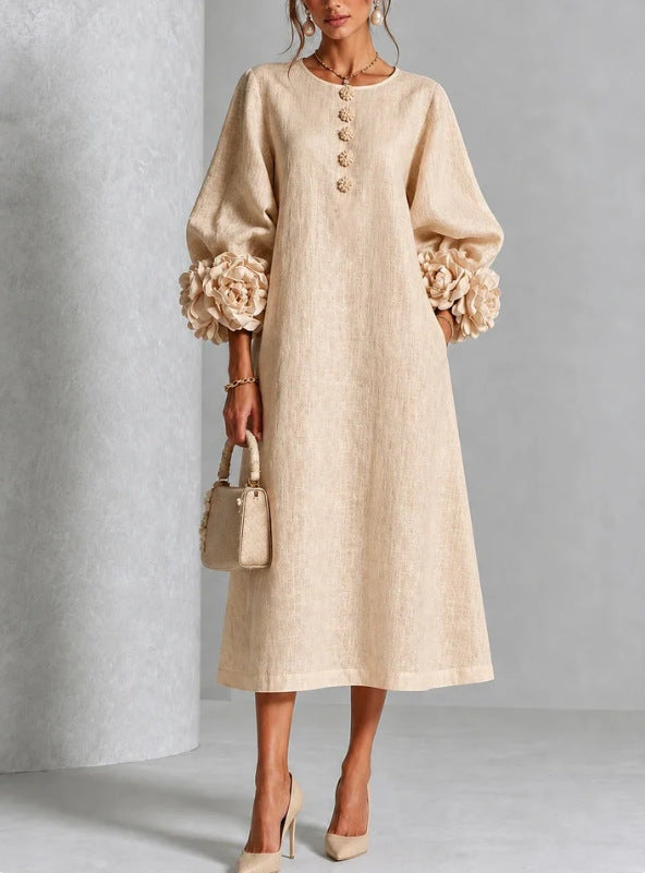 Theodosia Rosette-Cuff Button Midi Dress