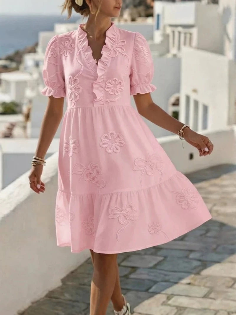 Blossom Embroidered Ruffle V-Neck Puff Sleeve Dress