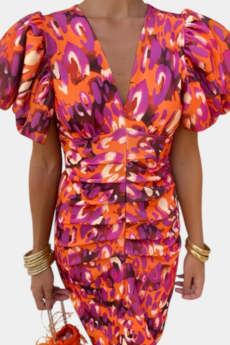 Carla Printed Midi Dress with Puff Sleeves