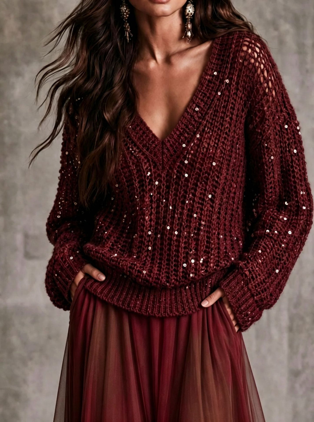 Seraphina Sequin Open-Knit V-Neck Sweater