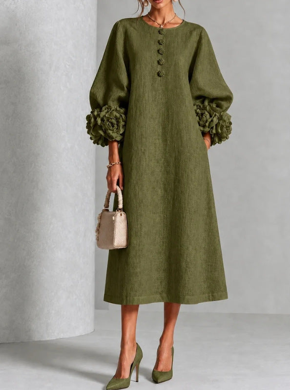 Theodosia Rosette-Cuff Button Midi Dress
