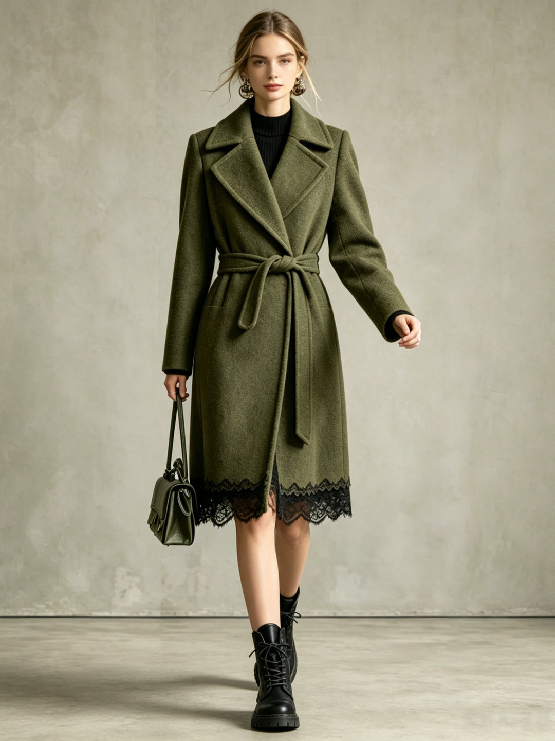 Rosalind Belted Wool-Blend Coat with Lace Trim