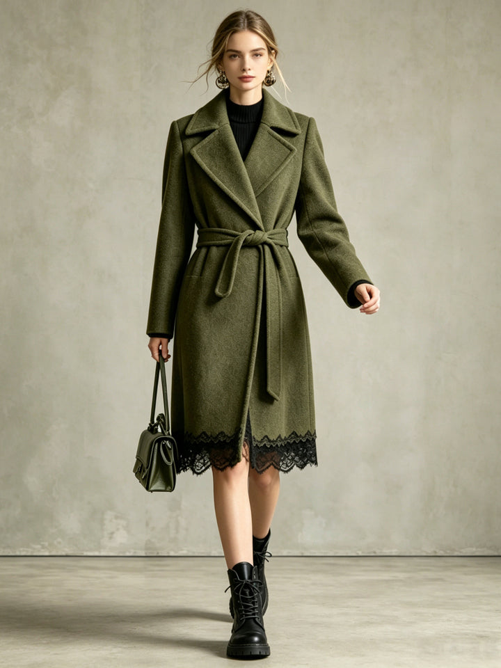 Rosalind Belted Wool-Blend Coat with Lace Trim