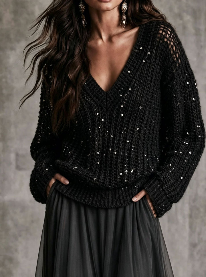 Seraphina Sequin Open-Knit V-Neck Sweater
