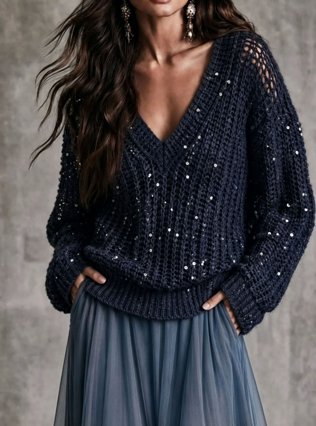 Seraphina Sequin Open-Knit V-Neck Sweater