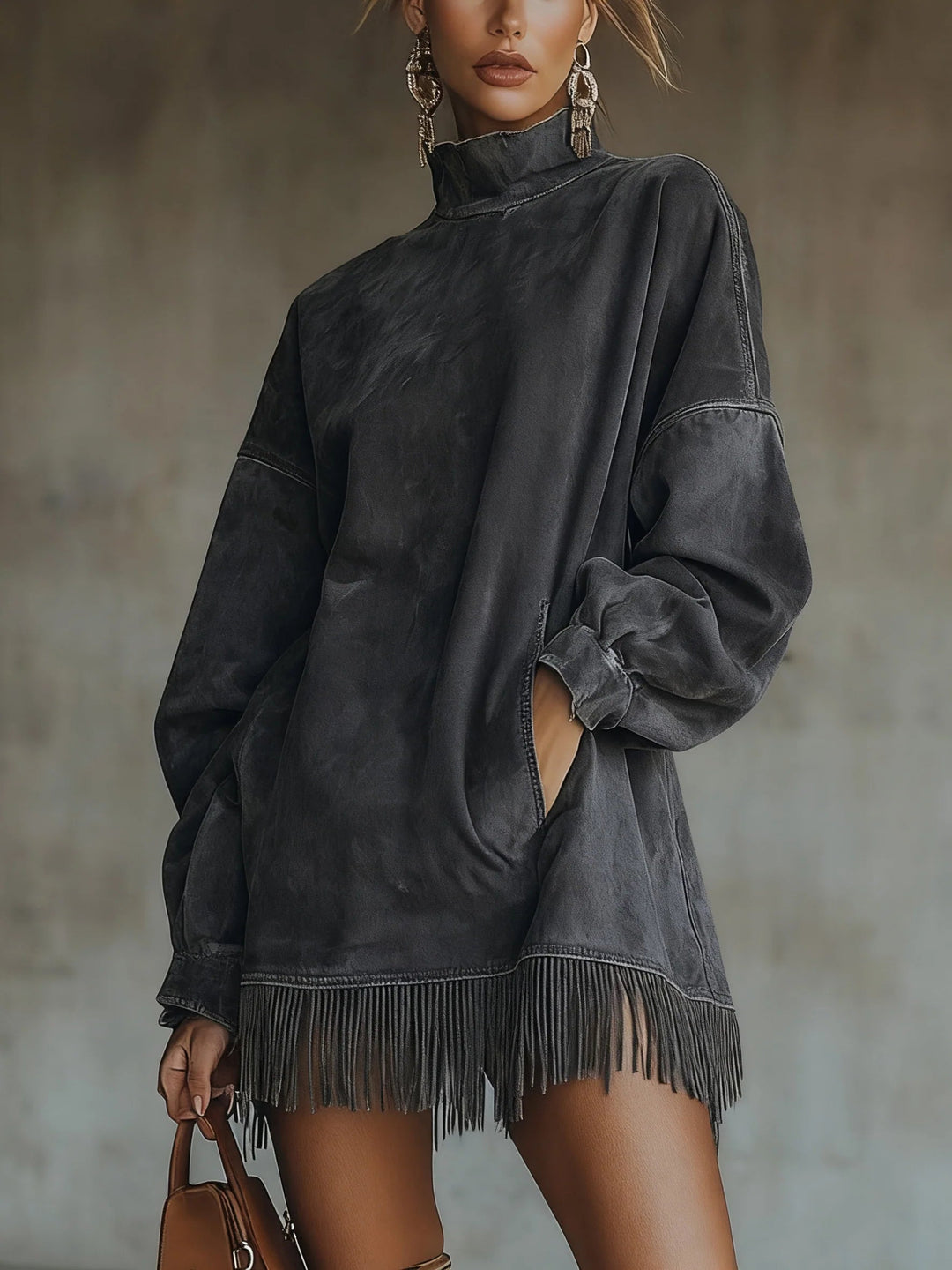 Gabriela Suede Dress with High Neck and Fringe