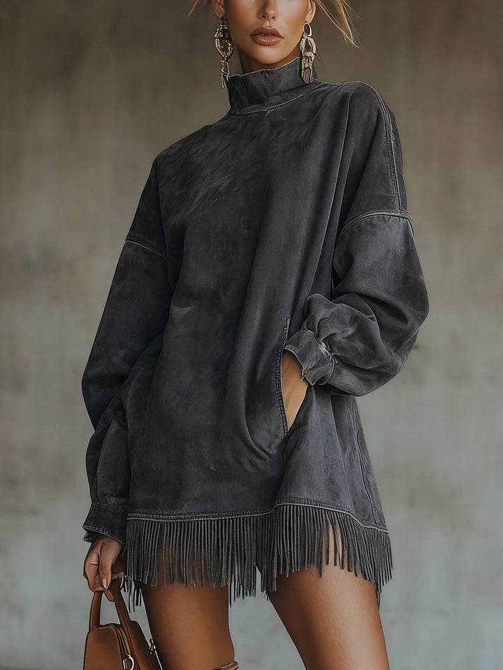 Gabriela Suede Dress with High Neck and Fringe