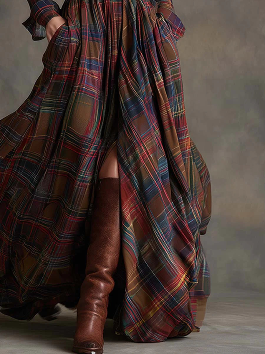 Beatriz Long Checkered Dress with Belt