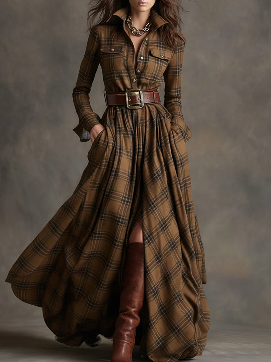 Beatriz Long Checkered Dress with Belt