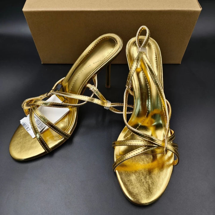 Golden Strappy Slingback Stiletto Sandals
