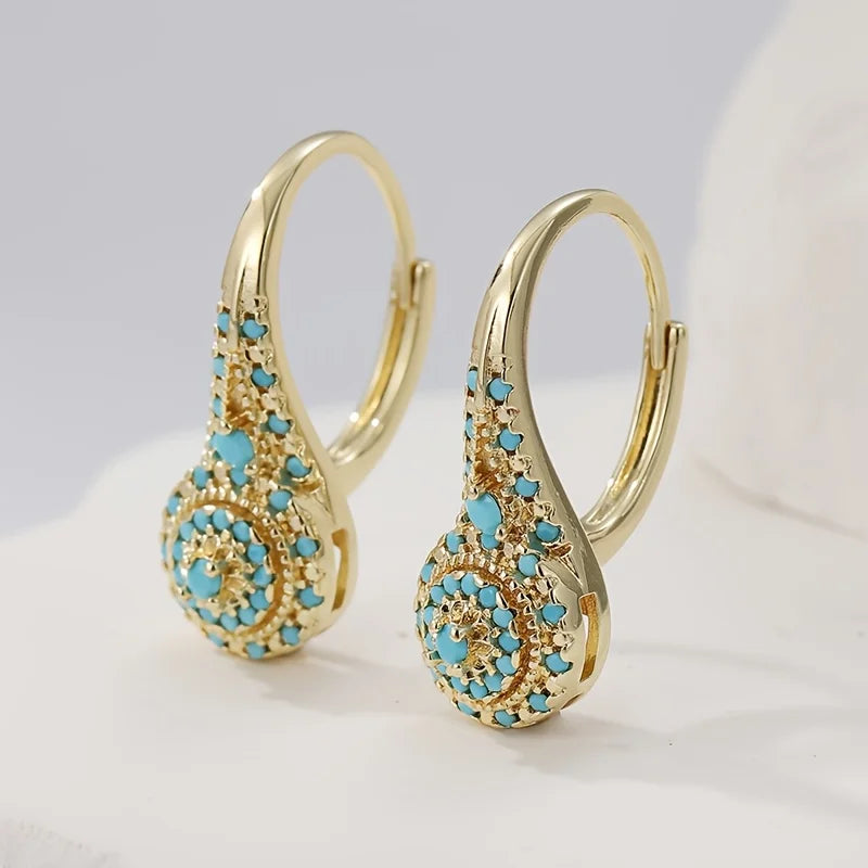 Turquoise Mosaic Teardrop Gold Earrings detail