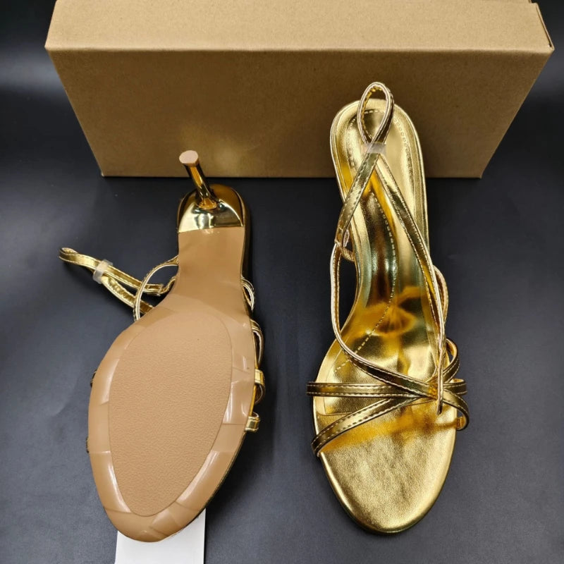 Golden Strappy Slingback Stiletto Sandals