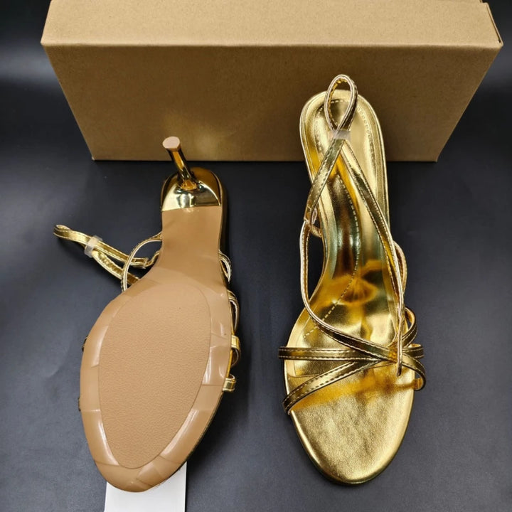 Golden Strappy Slingback Stiletto Sandals