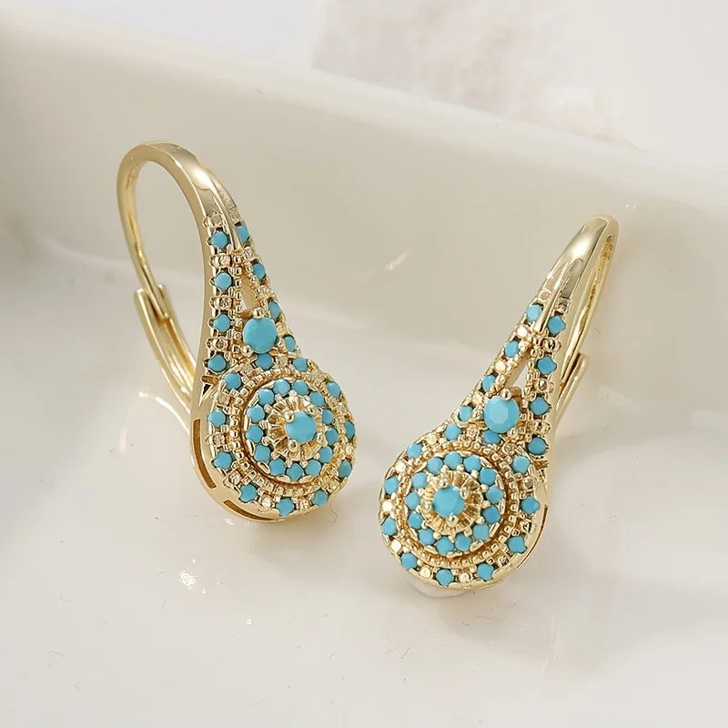 Turquoise Mosaic Teardrop Gold Earrings detail
