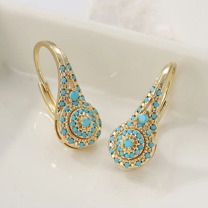 Turquoise Mosaic Teardrop Gold Earrings detail