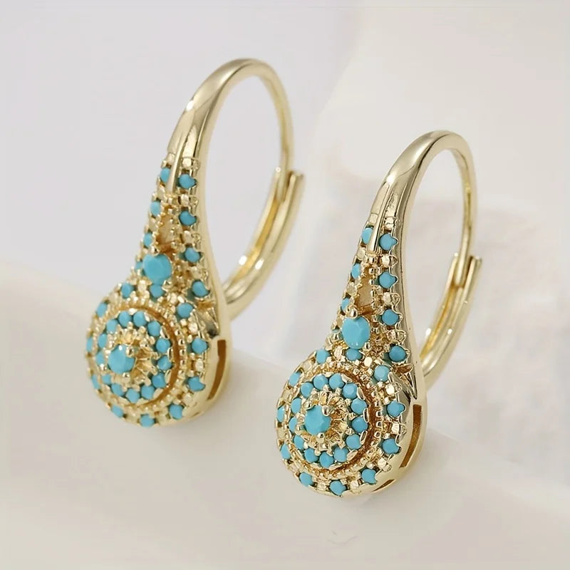 Turquoise Mosaic Teardrop Gold Earrings detail