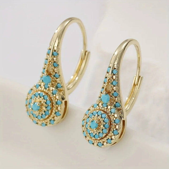 Turquoise Mosaic Teardrop Gold Earrings detail