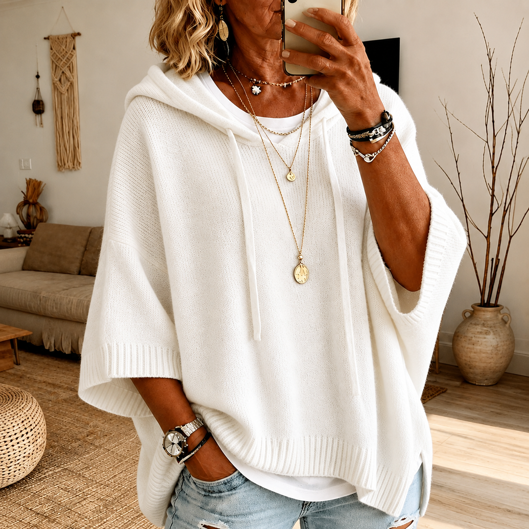 Janice Hooded Poncho Sweater – White
