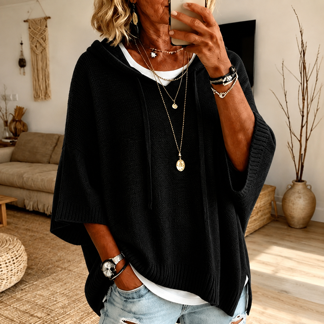Sophie Hooded Poncho Sweater – Black
