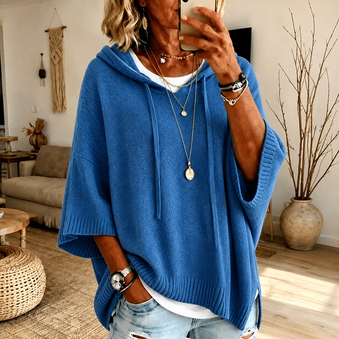 Amelie Hooded Poncho Sweater – Blue