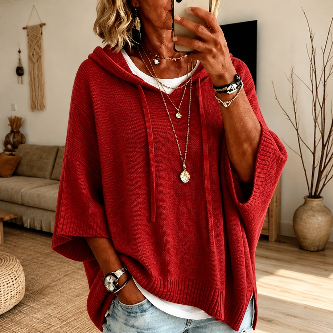 Claire Hooded Poncho Sweater – Red