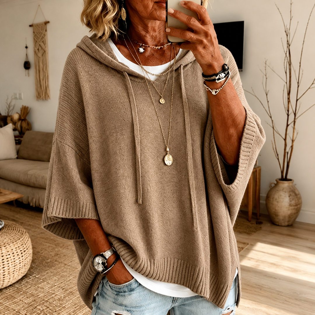Manon Hooded Poncho Sweater – Taupe