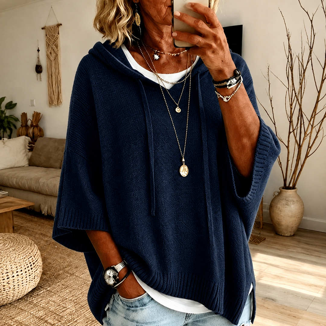 Juliette Hooded Poncho Sweater – Navy Blue