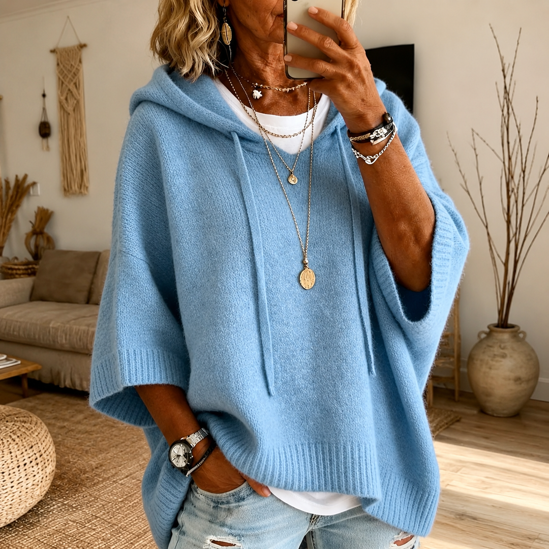 Lea Hooded Poncho Sweater – Sky Blue