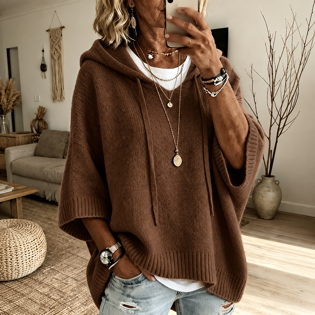 Louise Hooded Poncho Sweater – Brown