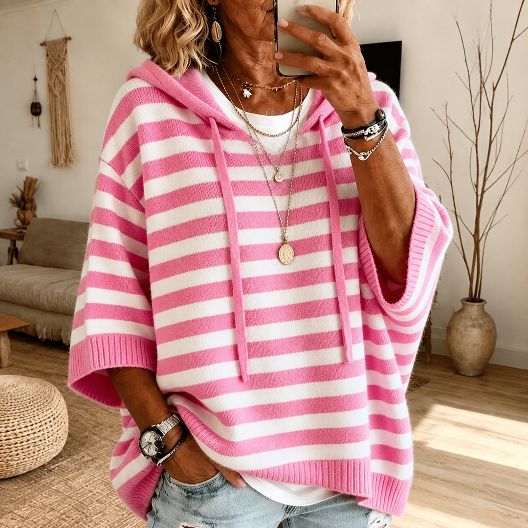 Emilie Hooded Striped Poncho Sweater – Pink