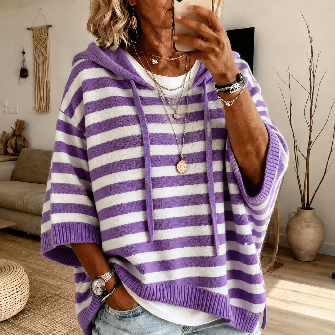 Anais Hooded Striped Poncho Sweater – Purple