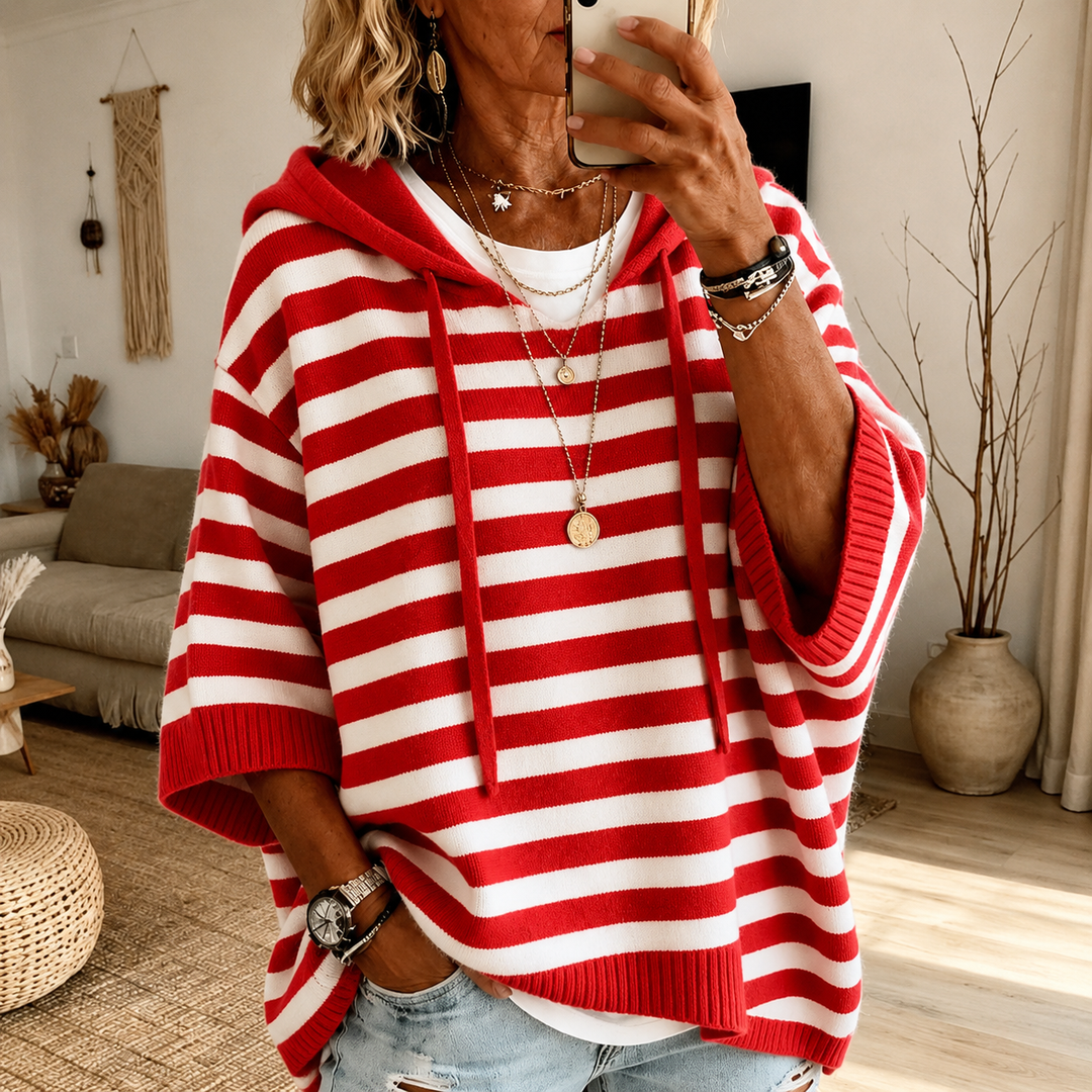 Charlotte Hooded Striped Poncho Sweater – Red